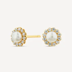 9ct Yellow Gold Tiny Pearl & Cubic Zirconia Surrounded Stud Earrings