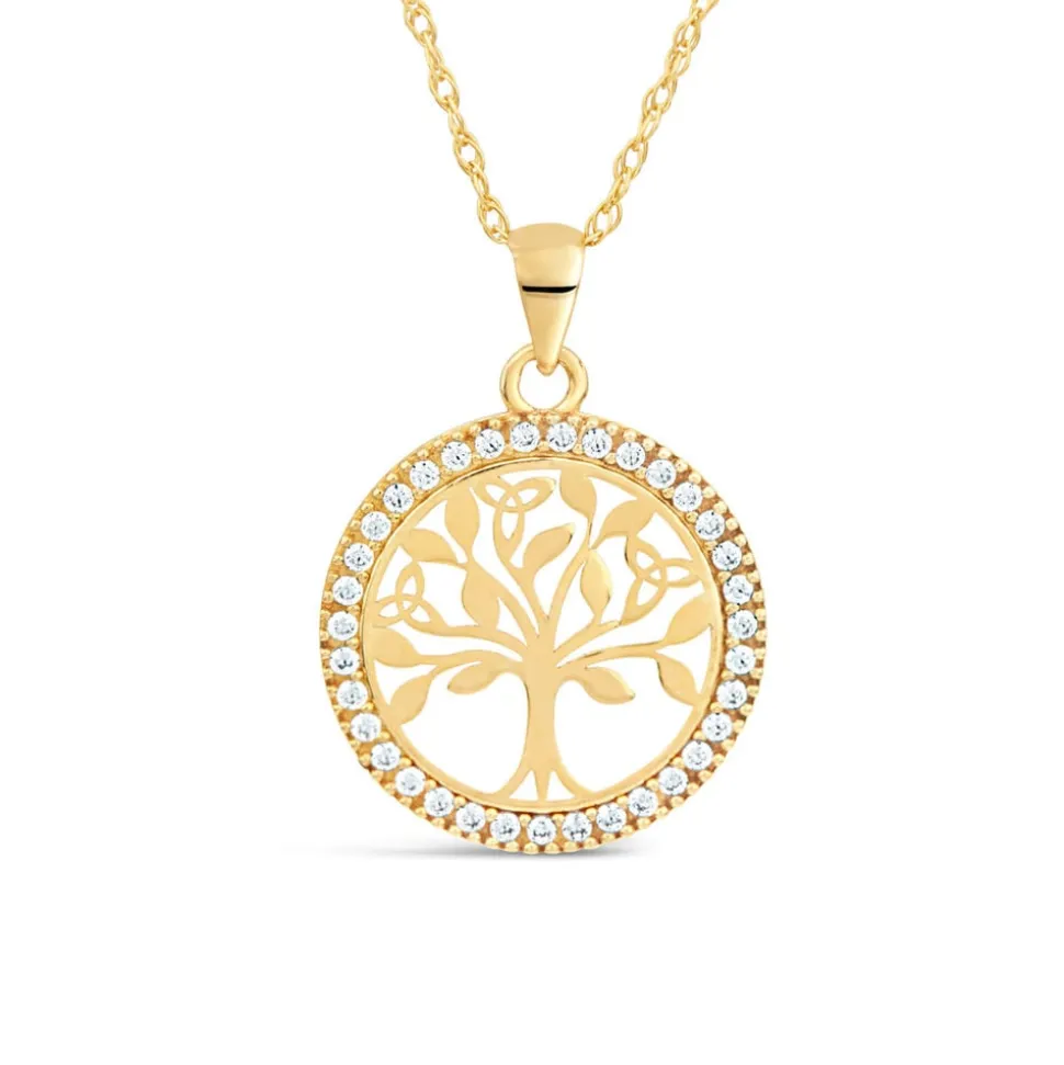 9ct Yellow Gold Tree Of Life in Cubic Zirconia Circle Pendant
