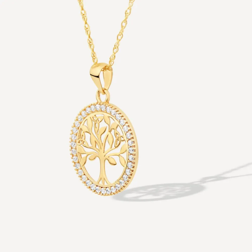 9ct Yellow Gold Tree Of Life in Cubic Zirconia Circle Pendant