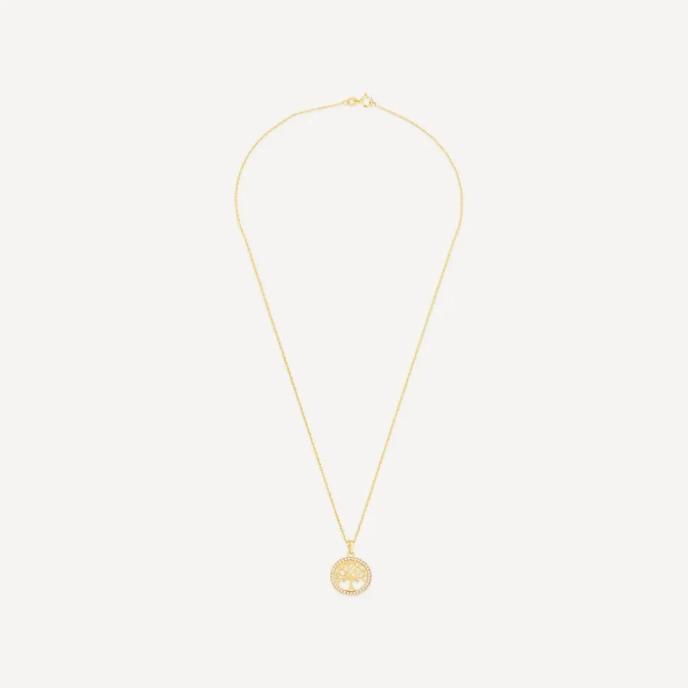 9ct Yellow Gold Tree Of Life in Cubic Zirconia Circle Pendant