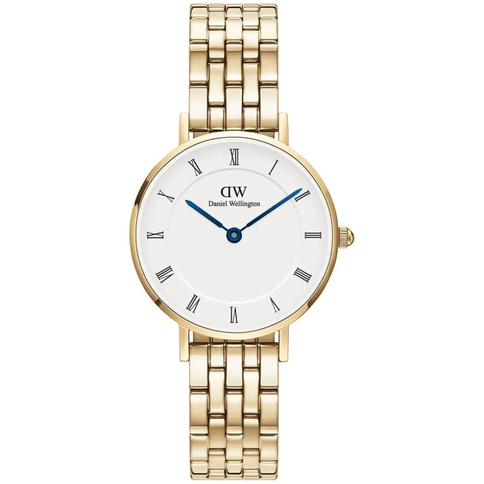 Daniel Wellington Petite Roman Numerals 28mm White Dial 5-Link Gold PVD Bracelet Watch