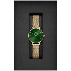 Daniel Wellington Petite Emerald 28MM Green Round Dial Yellow Gold PVD Case Mesh Bracelet Watch
