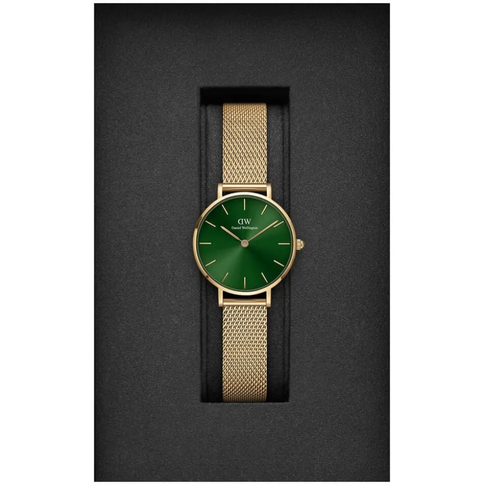 Daniel Wellington Petite Emerald 28MM Green Round Dial Yellow Gold PVD Case Mesh Bracelet Watch