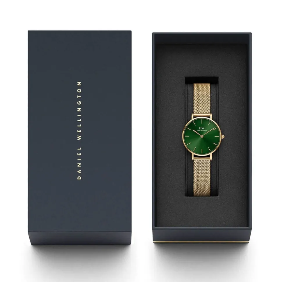 Daniel Wellington Petite Emerald 28MM Green Round Dial Yellow Gold PVD Case Mesh Bracelet Watch
