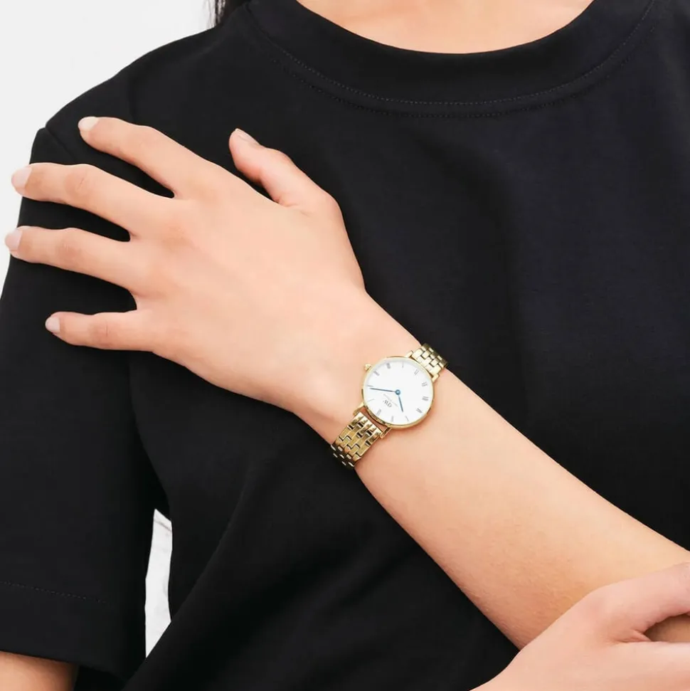 Daniel Wellington Petite Roman Numerals 28mm White Dial 5-Link Gold PVD Bracelet Watch