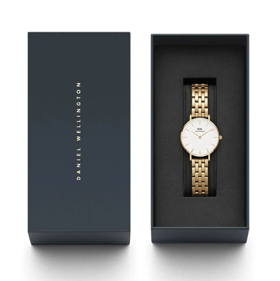 Daniel Wellington Petite 5-Link Evergold 28mm White Dial Gold Plated Steel Bracelet Watch