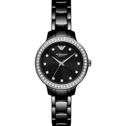 Emporio Armani Cleo 32mm Black Dial Cubic Zirconia Set Black Ceramic Case Watch