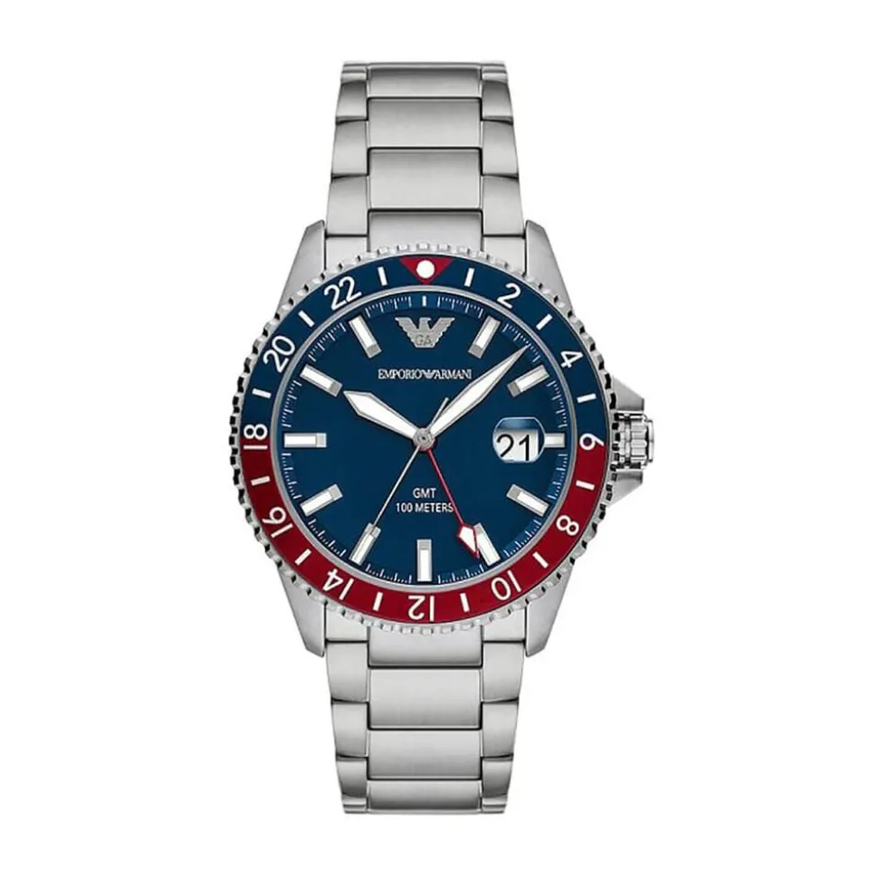 Emporio Armani Diver 42mm Blue Dial Red & Blue Bezel Steel Bracelet Watch