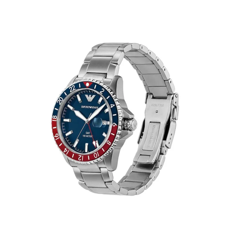 Emporio Armani Diver 42mm Blue Dial Red & Blue Bezel Steel Bracelet Watch