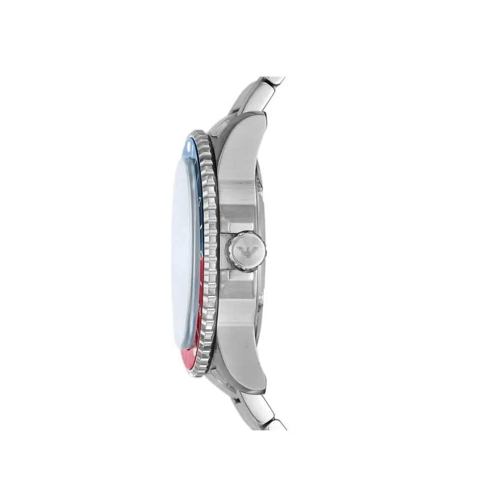 Emporio Armani Diver 42mm Blue Dial Red & Blue Bezel Steel Bracelet Watch