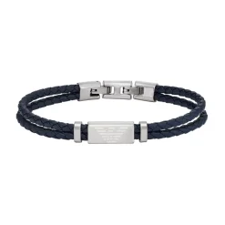 Emporio Armani Essentials Blue Leather Two Row Logo ID Bracelet