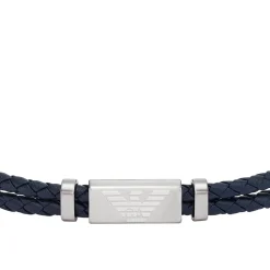 Emporio Armani Essentials Blue Leather Two Row Logo ID Bracelet