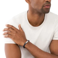 Emporio Armani Essentials Blue Leather Two Row Logo ID Bracelet