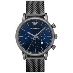 Emporio Armani Luigi 46mm Blue Chronograph Dial Grey IP Case Steel Mesh Bracelet Mens Watch