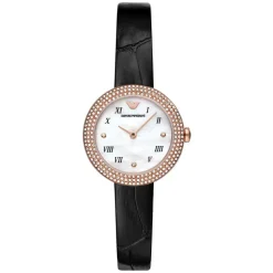 Emporio Armani Rosa 30mm White MOP Dial Rose Gold Bezel Cubic Zirconia Set Black Strap Watch
