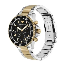Emporio Armani World Explorer Chronograph 43.5mm Black Dial Two Tone Steel Bracelet Watch