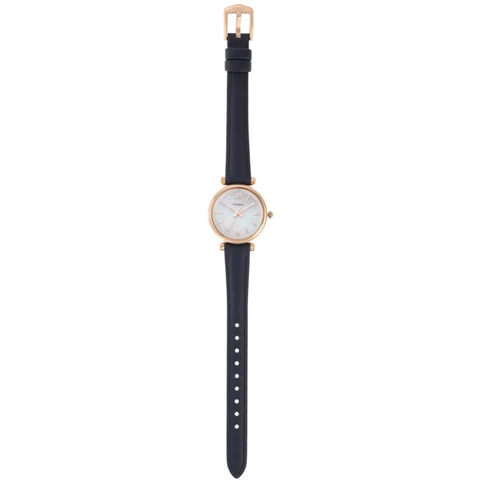 Fossil Carlie 28mm Mother of Pearl Dial Rose Gold IP & Steel Case Blue Leather Strap Watch