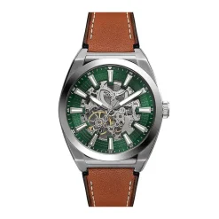 Fossil Everett 42mm Green Skeleton Dial Brown Leather Strap Watch