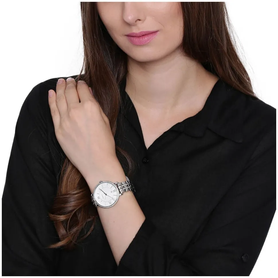 Fossil Jacqueline White Dial Cubic Zirconia Bezel Steel Bracelet Watch