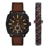Fossil Machine Chronograph 44mm Black Dial Brown Leather Strap Watch & Braided Bracelet Set