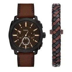 Fossil Machine Chronograph 44mm Black Dial Brown Leather Strap Watch & Braided Bracelet Set
