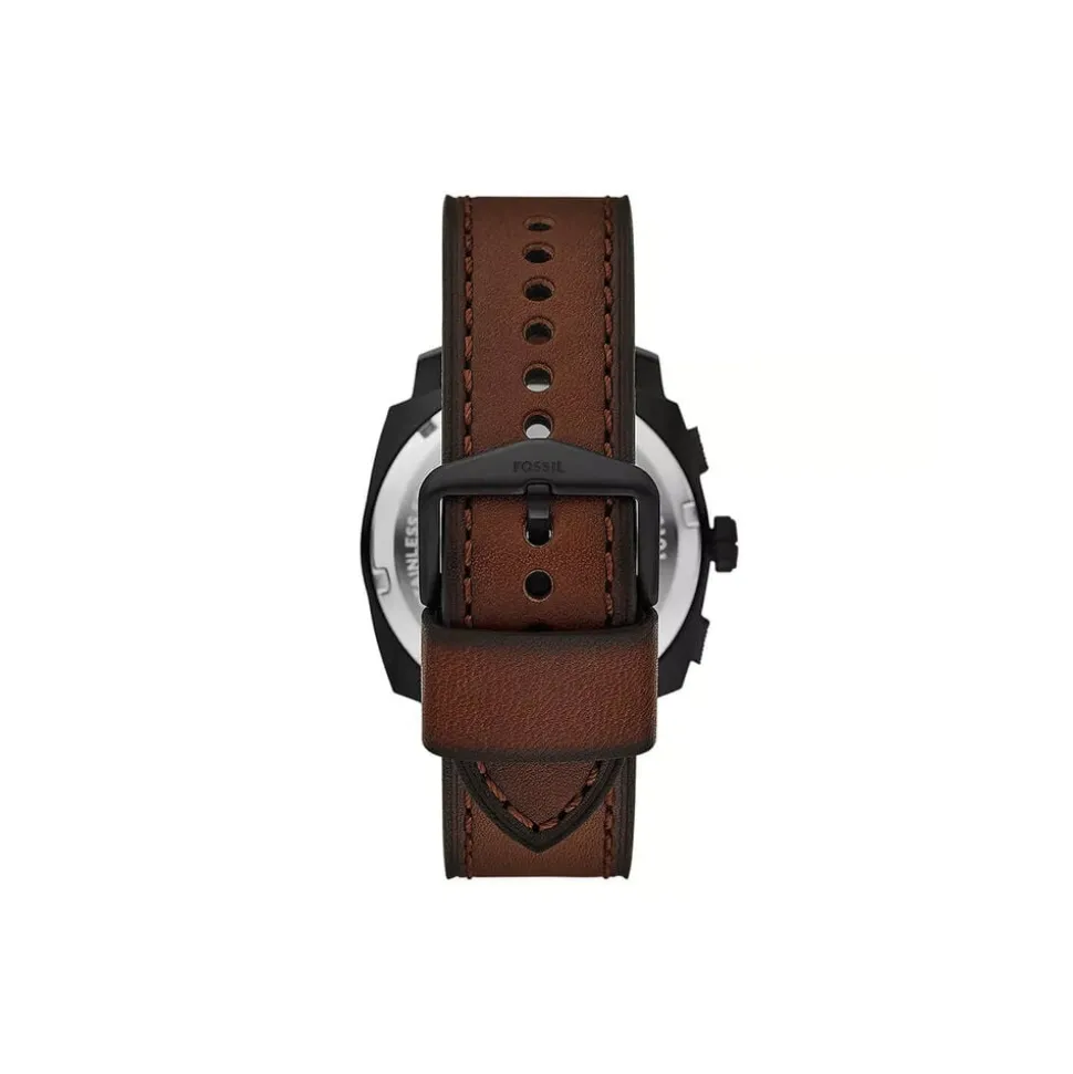 Fossil Machine Chronograph 44mm Black Dial Brown Leather Strap Watch & Braided Bracelet Set
