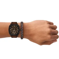 Fossil Machine Chronograph 44mm Black Dial Brown Leather Strap Watch & Braided Bracelet Set