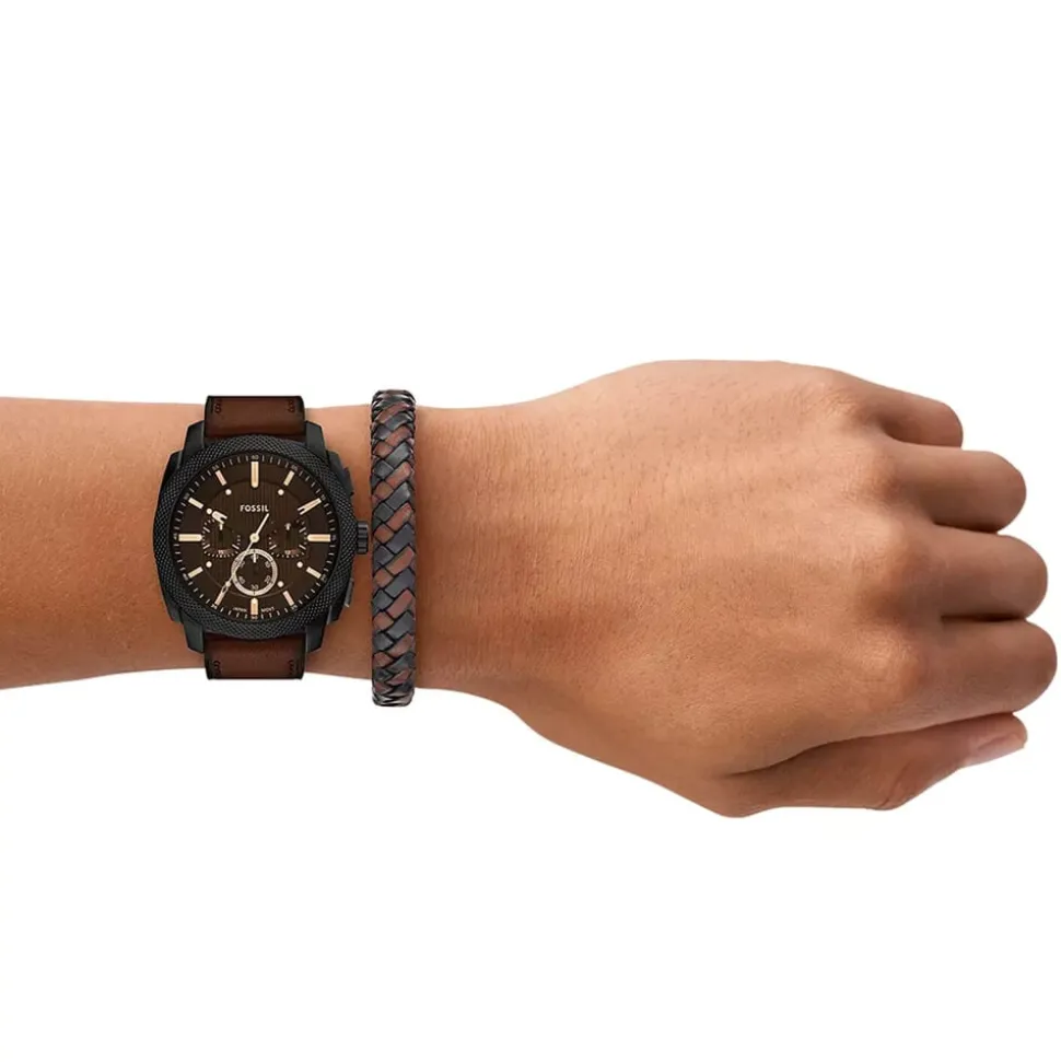 Fossil Machine Chronograph 44mm Black Dial Brown Leather Strap Watch & Braided Bracelet Set