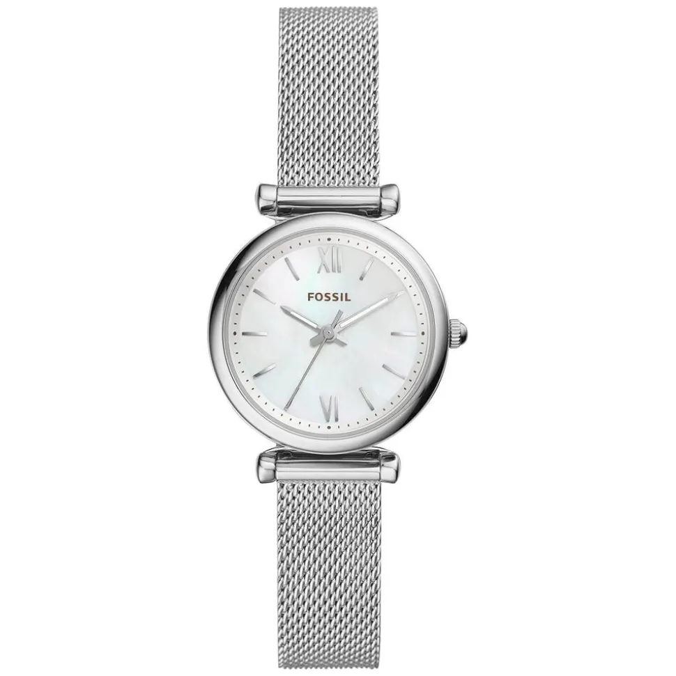 Fossil Mini Carlie Mother of Pearl Dial Stainless Steel Mesh Bracelet Watch
