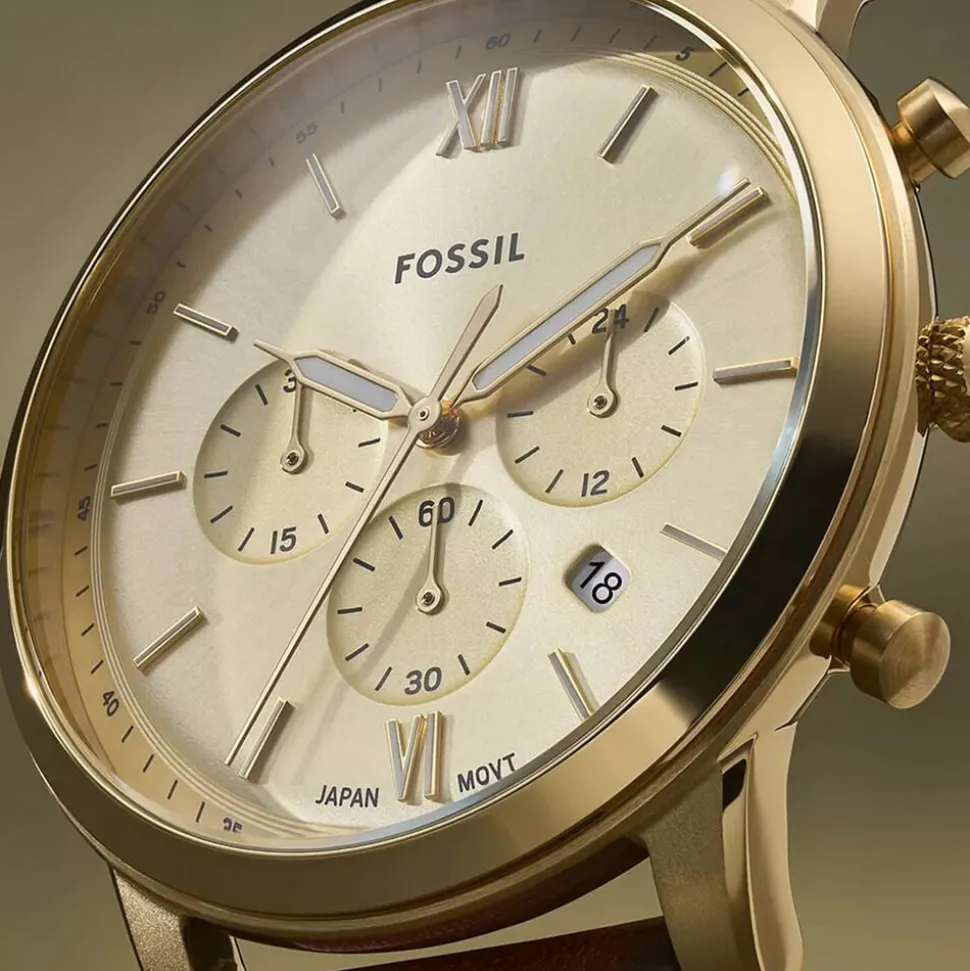 Fossil Neutra Chronograph 44mm Gold Dial Brown Leather Strap Watch