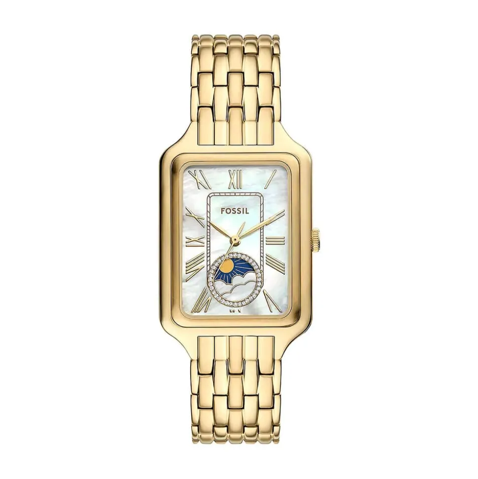 Fossil Raquel Sun Moon 29mm Mother of Pearl Dial Gold Tone Stainless Steel Bracelet Watch
