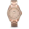 Fossil Riley Rose Chronograph Dial Cubic Zirconia Bezel Rose Gold Plated Bracelet Watch