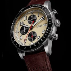 Fossil Sport Tourer Chronograph 42mm Cream Dial Brown Leather Strap Watch