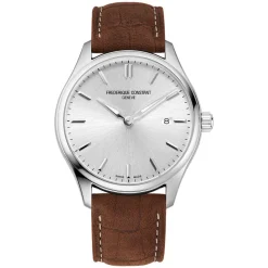 Frederique Constant Index Quartz Silver Dial Steel Case Brown Strap Watch