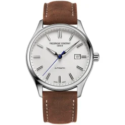 Frederique Constant Index Automatic Silver Dial Steel Case Brown Strap Watch