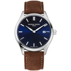 Frederique Constant Index Quartz Blue Dial Steel Case Brown Strap Watch
