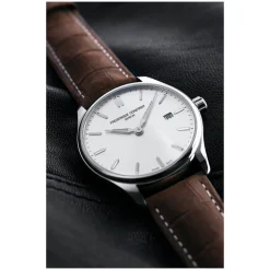Frederique Constant Index Quartz Silver Dial Steel Case Brown Strap Watch