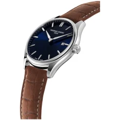 Frederique Constant Index Quartz Blue Dial Steel Case Brown Strap Watch