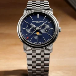 Frederique Constant 40mm Blue Dial Day Date Moonphase Bracelet Watch