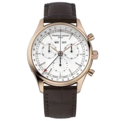 Frederique Constant 40mm Chrono White Dial Rose Gold PVD Case Brown Strap Watch
