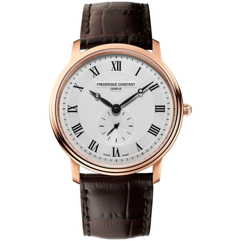 Frederique Constant Slimline Small Seconds Quartz Silver Dial Rose Gold PVD Case Strap Watch