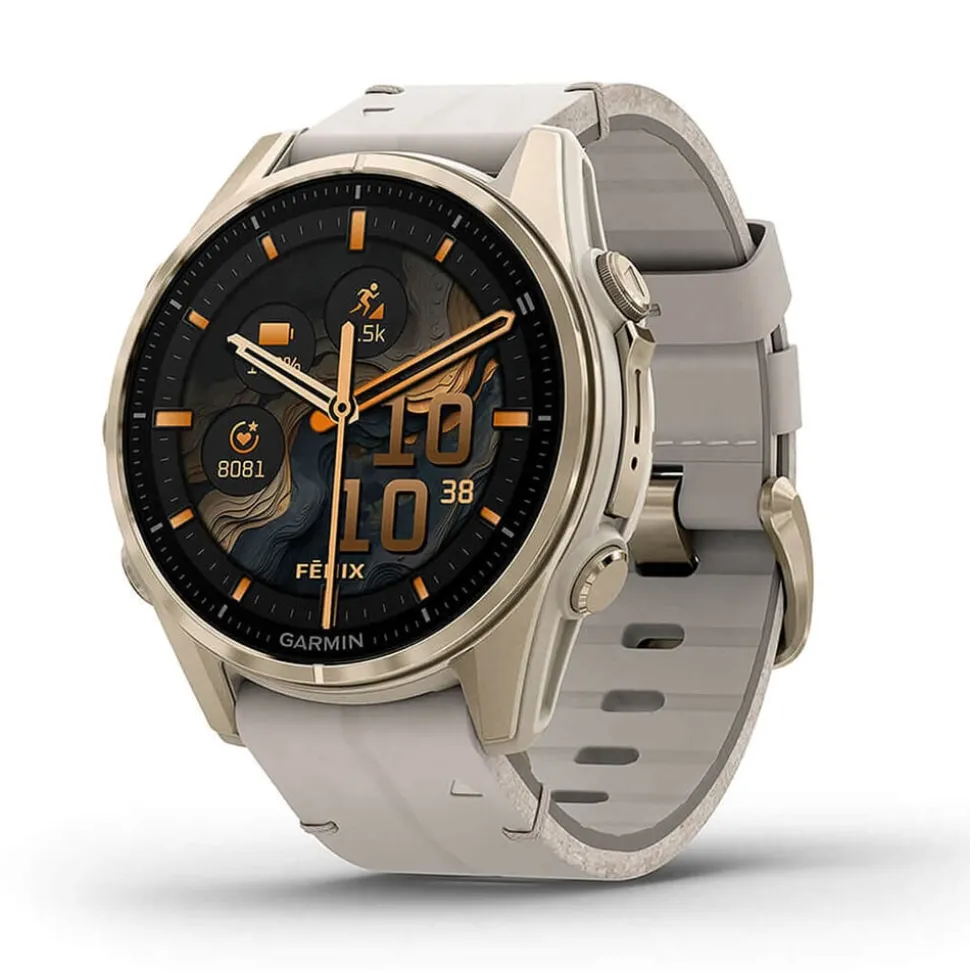 Garmin fenix® 8 AMOLED Sapphire 43mm Soft Gold Case Limestone Leather Strap Watch