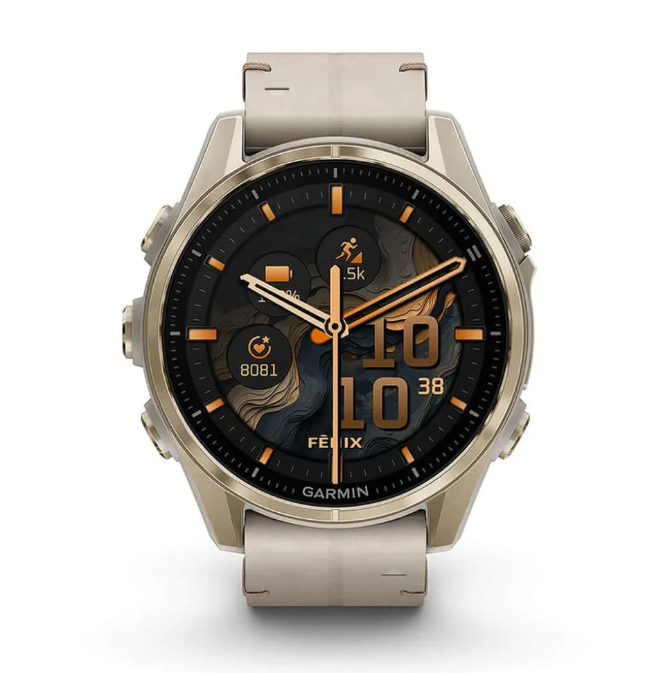 Garmin fenix® 8 AMOLED Sapphire 43mm Soft Gold Case Limestone Leather Strap Watch