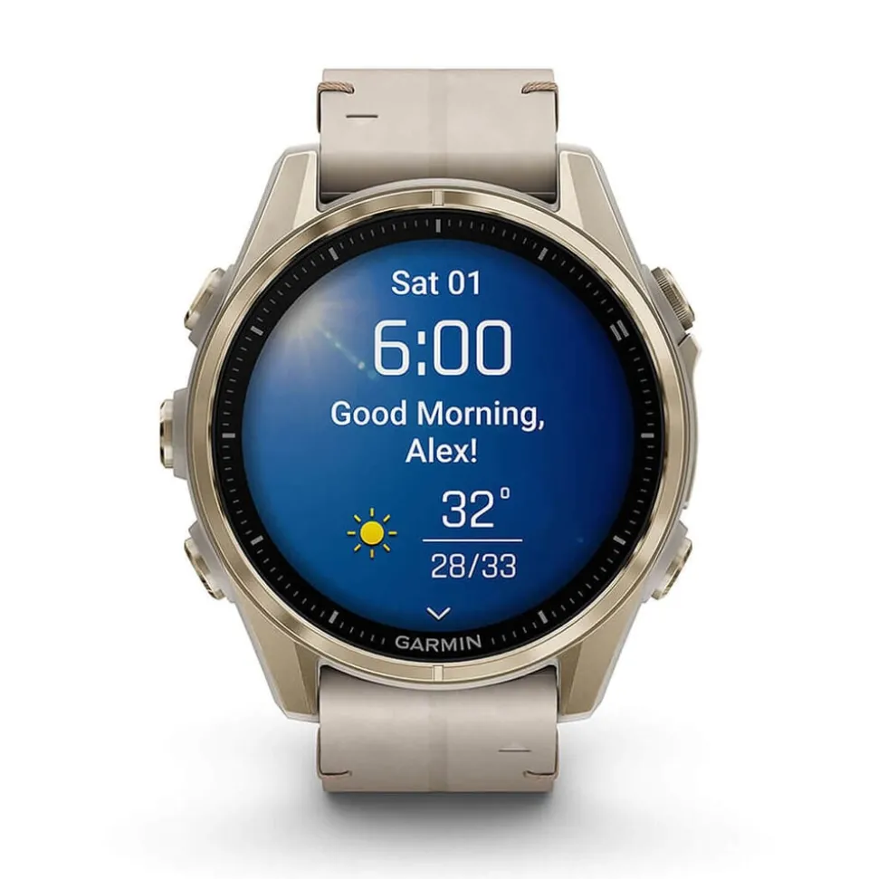 Garmin fenix® 8 AMOLED Sapphire 43mm Soft Gold Case Limestone Leather Strap Watch