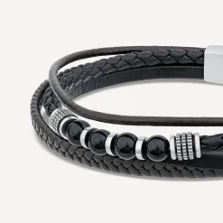 Gents Steel Onyx & Leather Multi Strap Bracelet
