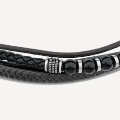 Gents Steel Onyx & Leather Multi Strap Bracelet