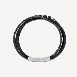 Gents Steel Onyx & Leather Multi Strap Bracelet
