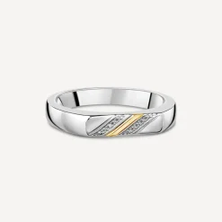 Gents Sterling Silver & 9ct Yellow Gold Flat Top 2 Line 0.002ct Diamond Set Ring