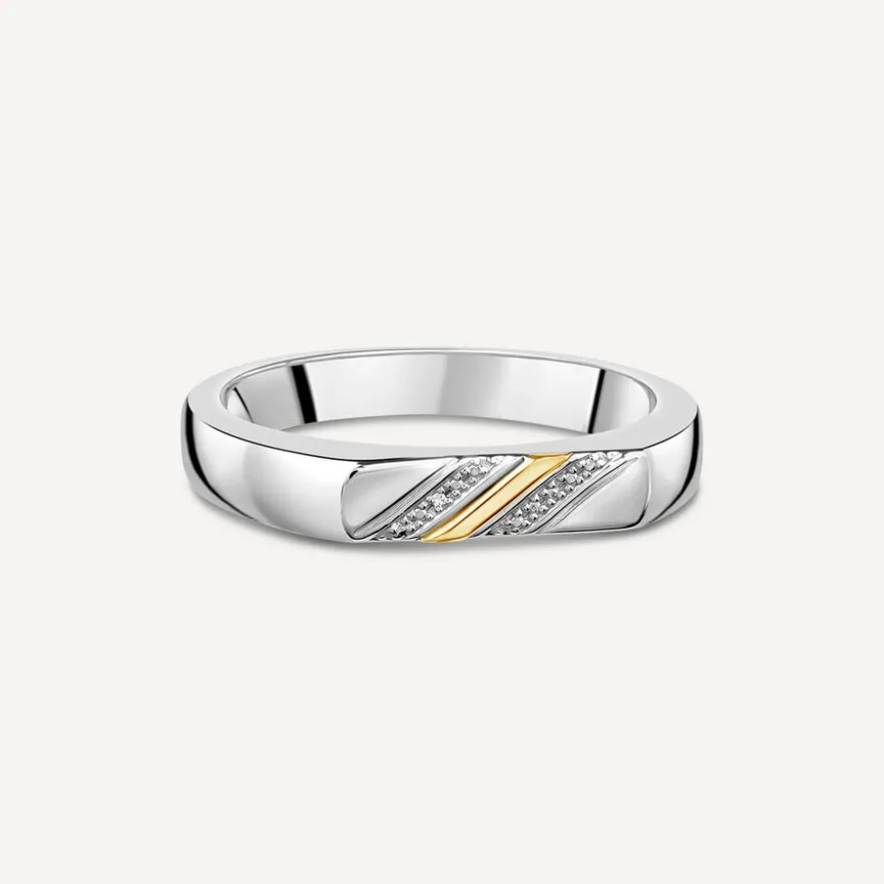 Gents Sterling Silver & 9ct Yellow Gold Flat Top 2 Line 0.002ct Diamond Set Ring