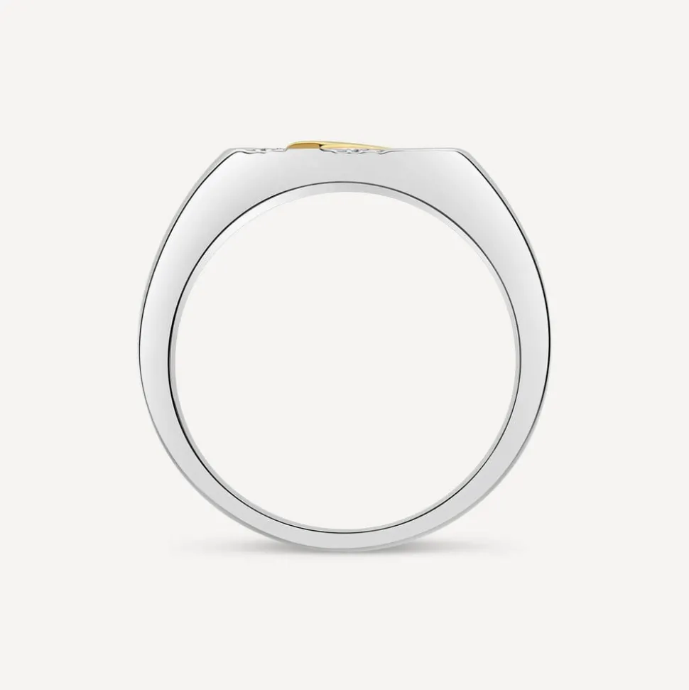 Gents Sterling Silver & 9ct Yellow Gold Flat Top 2 Line 0.002ct Diamond Set Ring